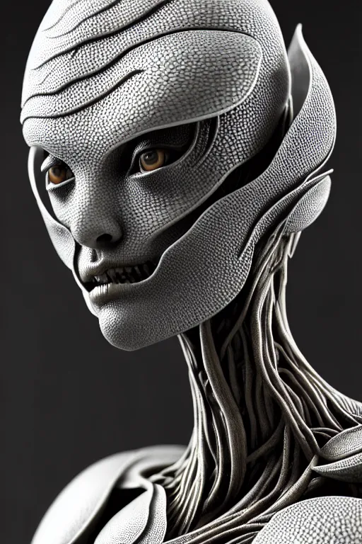 Image similar to bw close - up profile face, black background, beautiful young porcelain vegetal - dragon - cyborg - female, 1 5 0 mm, beautiful natural soft rim light, silver gold details, magnolia leaves and stems, roots, mandelbot fractal, elegant, ultra detailed, white metallic armour, octane render, h. r. giger style