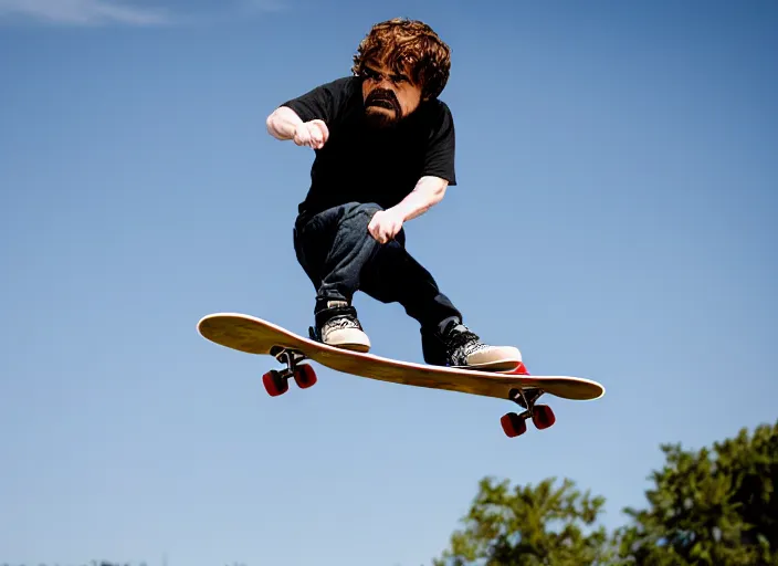 Image similar to dslr photo still of peter dinklage on a skateboard flying through the air, 4 k, 1 2 0 mm f 1 6