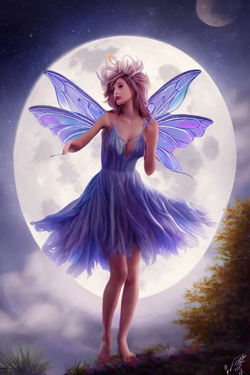 Image similar to attractive fairy magically floating high in the night, fantasy, full moon in background. highly detailed painting by artgerm, mid shot, 8 k