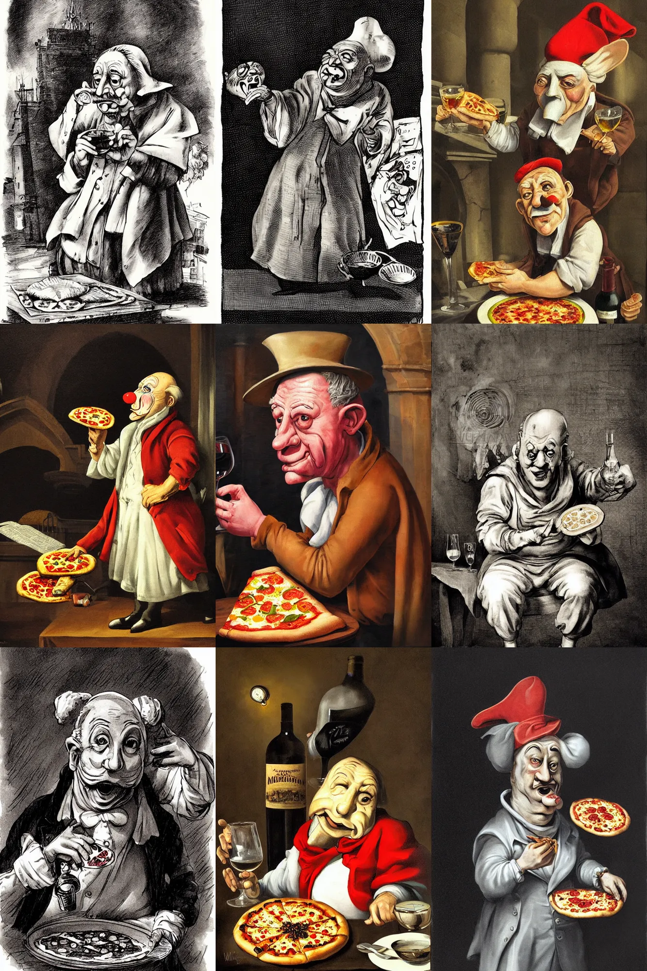 Prompt: wrinkled! old man wearing pulcinella mask, with a pizza! margherita di napoli, with a bottle of wine, drunk appearance, lowbrow, artistic, dramatic backlight, full body, wide angle, ultrafine detailed caricarture painting by william hogarth, trending on deviantart, masterpiece