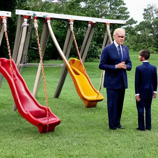 Prompt: Joe Biden rides a swing set while disappointed children watch him