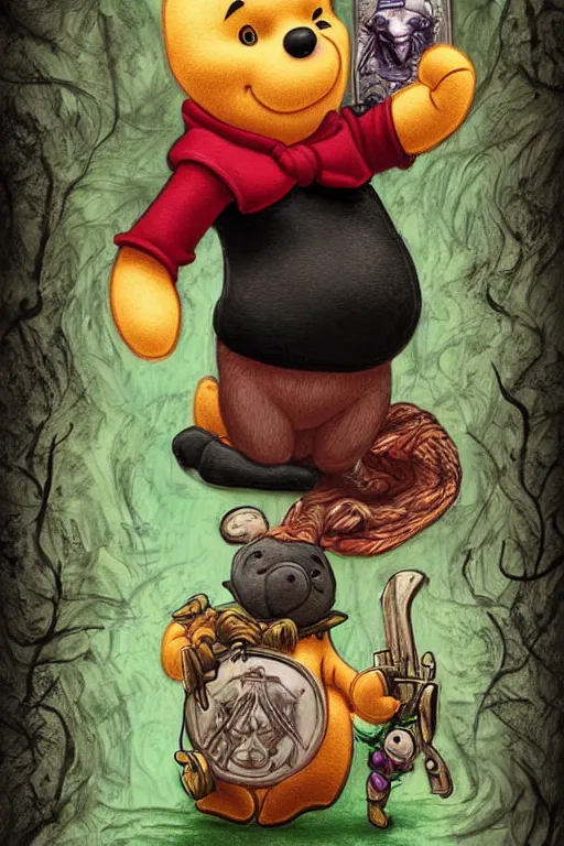 Image similar to Gothic Winnie the Pooh killer with pistol and jade jewelry painted on tarot card, digital art, high detailed, trending on artstation