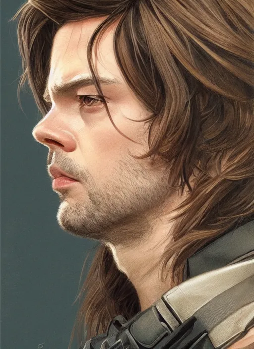 Image similar to beautiful head and shoulders portrait of bucky barnes, casual clothing, intricate, elegant, highly detailed, digital painting, beautiful highly detailed face, artstation, concept art, smooth, sharp, focus, illustration, art by artgerm and greg rutkowski and alphonse mucha