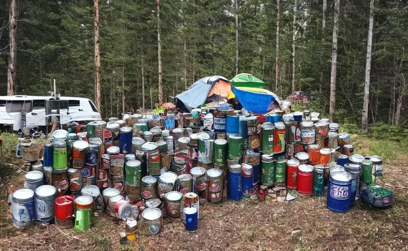 Prompt: a ladder next to a huge pile of beer cans and camping garbage camping tents and forest trees beautiful day