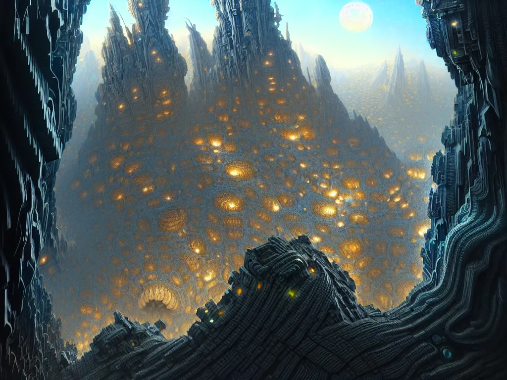 Prompt: ultra detailed, futuristic cityscape carved into mountain wall, fractal mandelbulb, cyberpunk, fantasy, intricate details, elegant, super highly detailed, professional digital painting, artstation, concept art, smooth, sharp focus, extreme illustration, Unreal Engine 5, Photorealism, 8k, cinematic, art by artgerm and greg rutkowski and alphonse mucha and loish and WLOP