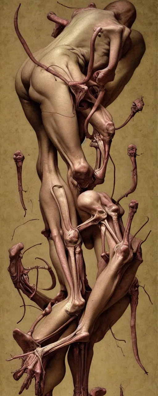 Image similar to human calf and tibia and humorous artists anatomy in the style of wayne barlowe, gustav moreau, goward, bussiere, roberto ferri, santiago caruso, luis ricardo falero, dali