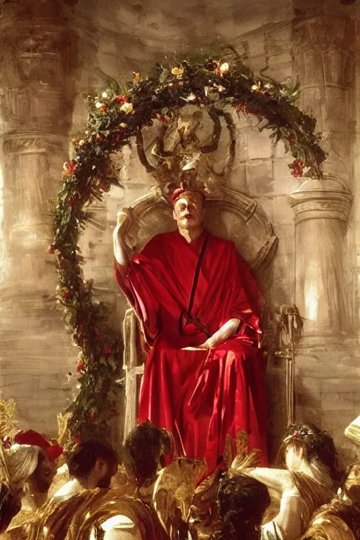 Image similar to beautiful oil painting, steve buscemi in royal crimson robes enthroned as the god emperor of ancient rome a golden wreath upon his head, by anders zorn, wonderful masterpiece by greg rutkowski, beautiful cinematic light, american romanticism, by thomas lawrence, greg rutkowski