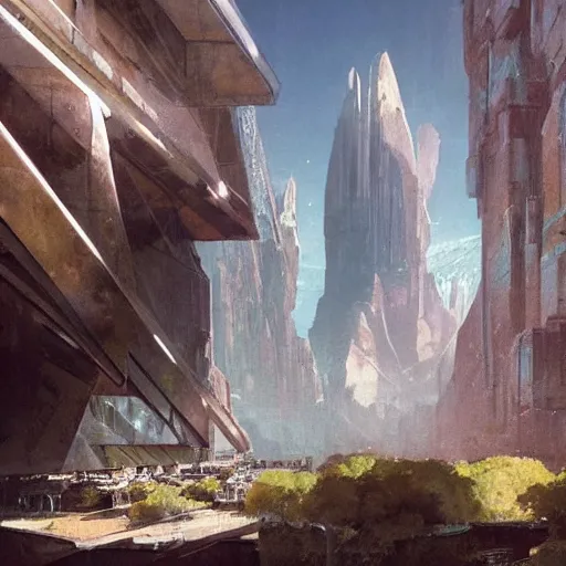 Image similar to view from below of an arcology driven like a spear into the glacier, rust-colored waterfalls pouring from its upper balconies, blue radiation glow beneath, science fiction concept art by Greg Rutkowski and Moebius and Le Corbusier