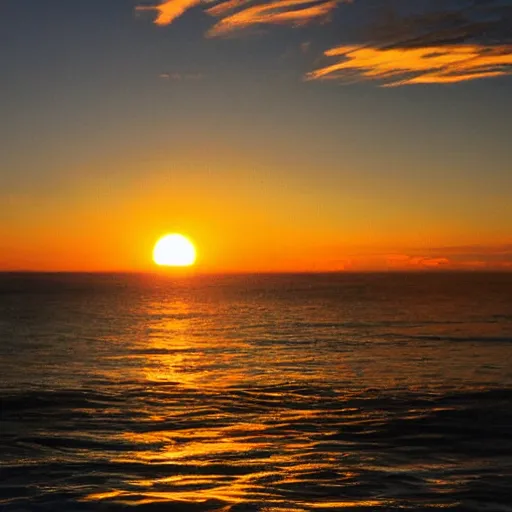 Prompt: sunset on the ocean, water is glowing golden, gold colored glowing water, sun surrounded by blackness, sky completely dark, night sky with stars visible with the sun still on the horizon