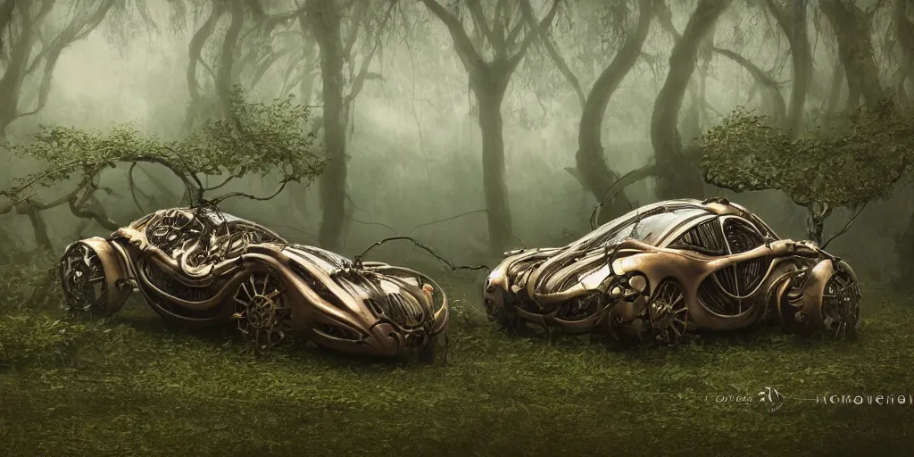 Prompt: magnificent mechanical steampunk vehicle shaped like a sports car with (((glowing))) lights abandoned in lush forest with vines hanging from tree branches, fog, desaturated, beautiful, creepy ambiance, 4k, sharp focus, highly detailed, artgerm, giger