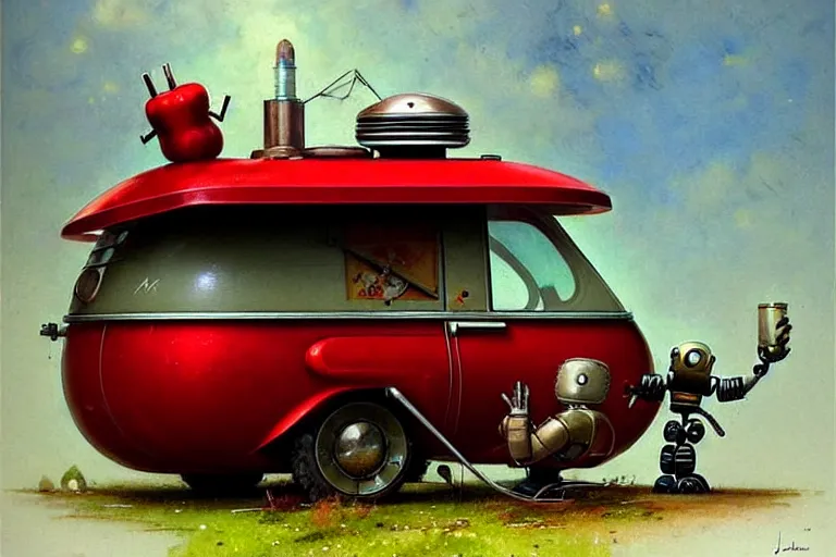 Image similar to adventurer ( ( ( ( ( 1 9 5 0 s retro future robot android mouse rv wagon motorhome robot. muted colors. ) ) ) ) ) by jean baptiste monge!!!!!!!!!!!!!!!!!!!!!!!!! chrome red