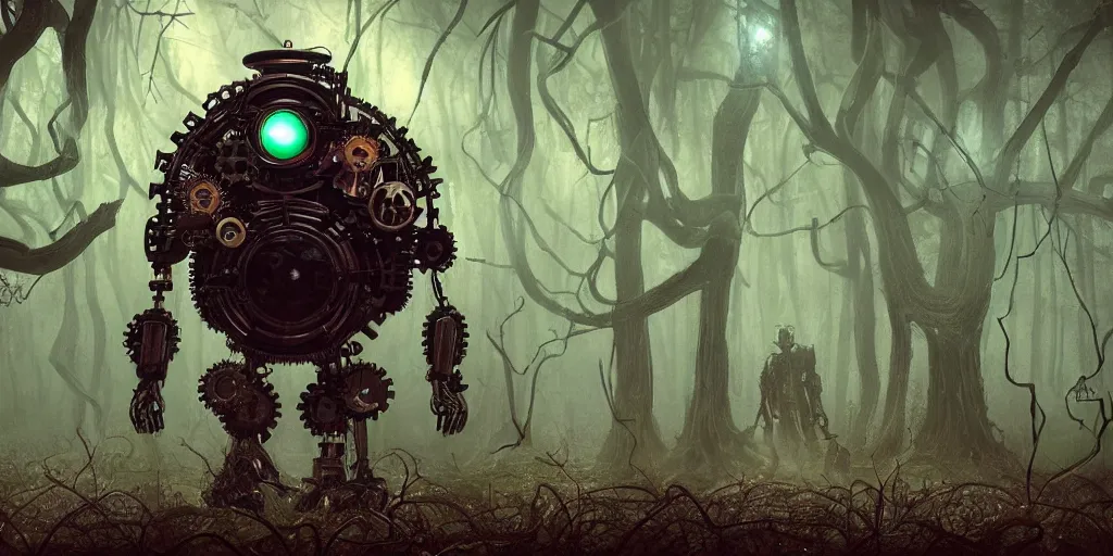 Image similar to mechanical steampunk robot with large head and ((glowing)) eyes in haunted swamp surrounded by dense forest with vines hanging from trees, creepy ambiance, fog, sharp focus, hughly detailed, eerily beautiful, cgsociety, artgerm