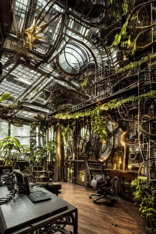 Image similar to a futuristic steampunk science office, inside a building built in the middle of a lush tropical rainforest, steampunk furniture and computers, lush forest outside of the window, realistic, detailed, dark, moody, scary lighting, ominous feeling, canon 50mm lens,