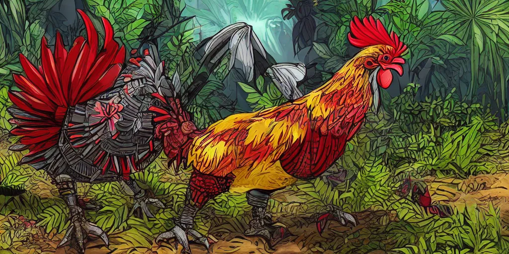 Prompt: colorful illustration of a fully armoured fighting rooster in a dense jungle, mix of styles, angry, aggressive, blood, dark color scheme