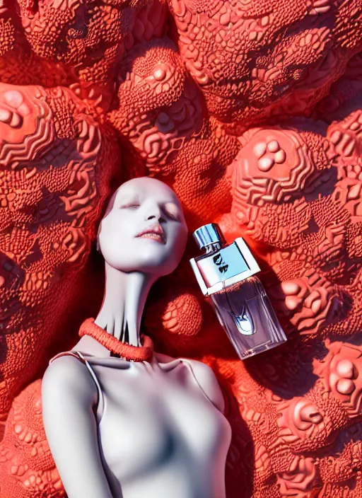 Prompt: biomechanical mannequin carrying perfume bottle enchanted coral kingdom made of corals, daisies, roses contoured smooth fair walls carrying perfume bottle, up close shot, sharp focus, global illumination, radiant light, alexandre ferra white mecha, irakli nadar, octane highly render, 4 k, ultra hd,