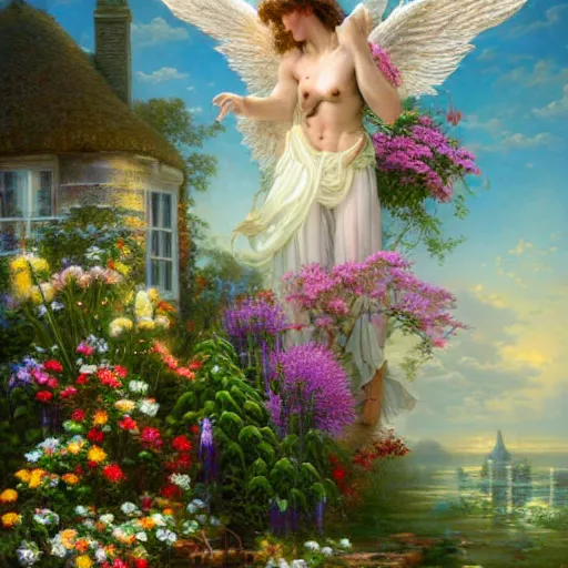 Image similar to a majestic male angel with large wings covered in plants and flowers standing in front of a beautiful cottage, an oil painting by ross tran and thomas kincade