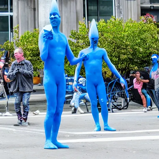 Image similar to surrealist conehead blue man group street performers photography