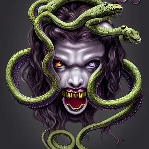 Image similar to torquoise fantasy fanged medusa, medusa head, snake heads, medusa head, snake heads, medusa head, snake tongue, snake tongue, snake eyes, hair made of snake eyes, fantasy game art, fantasy rpg, league of legends