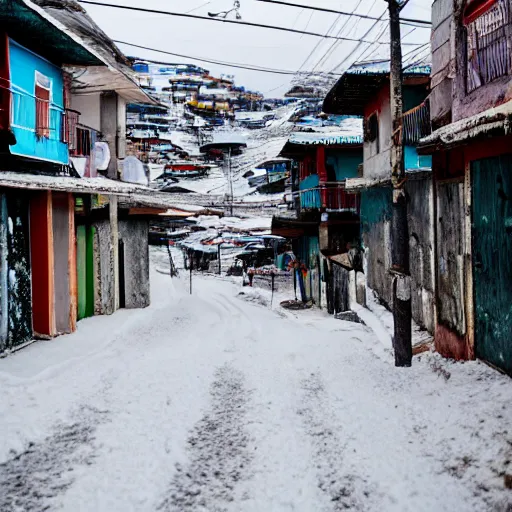 Prompt: photograph of a snow day in a favela