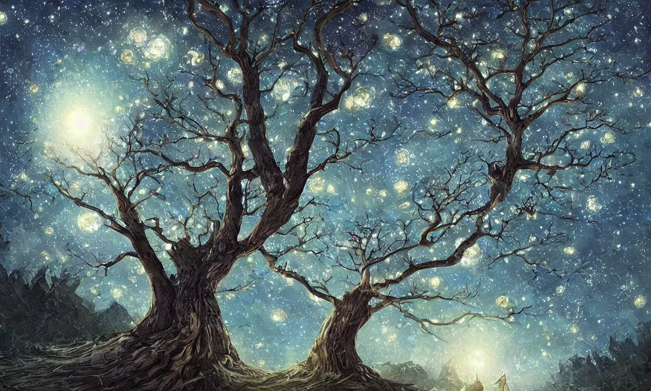 Prompt: a beautiful digital painting of a tree with low poly crystal diamond leaves, starry night sky, translucid, pretty lights, pristine marble trunk, elegant, highly detailed, artstation, concept art, matte, sharp focus, art by tom bagshaw, kelogsloops and greg rutkowski