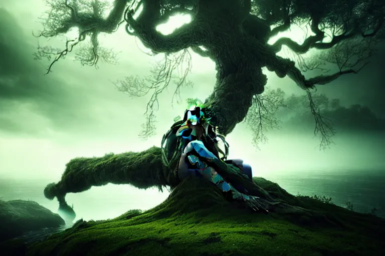 Image similar to an ultra realistic, cinematic headshot portrait, of an evil tree wizard, background of a vast serene landscape, with trees and rivers, detailed, deep focus, movie still, dramatic lighting, ray tracing, by michal karcz and yoshitaka amano