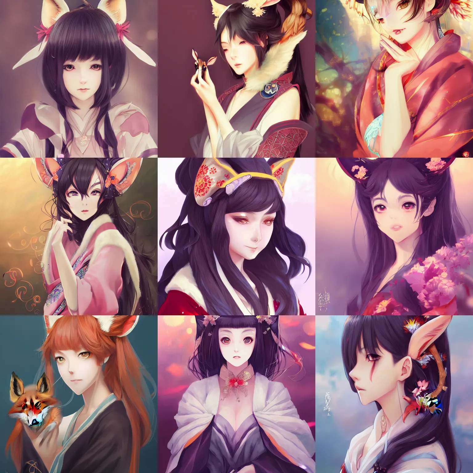 Prompt: A beautiful anime-style digital concept portrait of a beautiful lady with fox ears wearing a kimono, by Stanley Artgerm Lau, WLOP, Rossdraws, LeraPi, and Sakimichan, trending on ArtStation, deviantart, SFW version