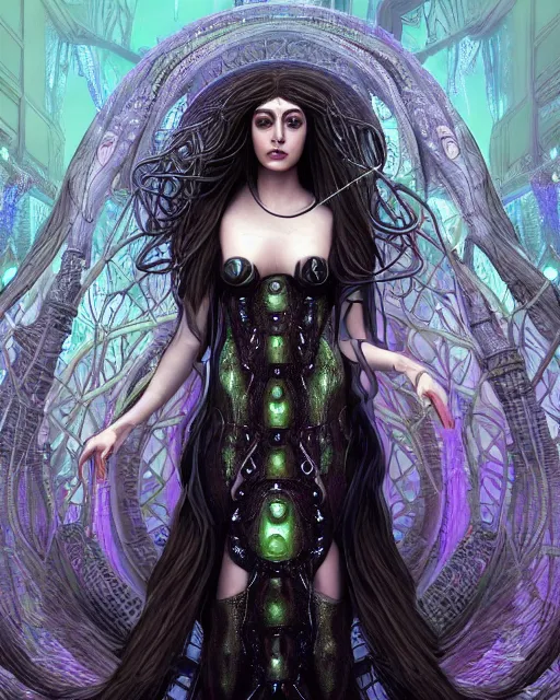 Prompt: Pre-raphaelite Perfectly-centered Hyperdetailed Hyper realistic symmetrical cinematic RPG digital art portrait-illustration of a beautiful aetherpunk cyberpunk Medusa in a black long otherworldly dress> and ravepunk snakes for hair, next to lovecraftian towers in a surreal landscape, style of epic sci-fi comic-book cover, 3D rim light, octane, cgsociety, smooth, sharp focus