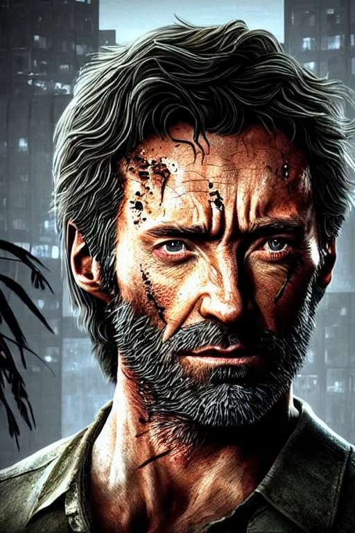 Image similar to realistic photo of Hugh Jackman as Joel in The Last of Us, highly detailed portrait,