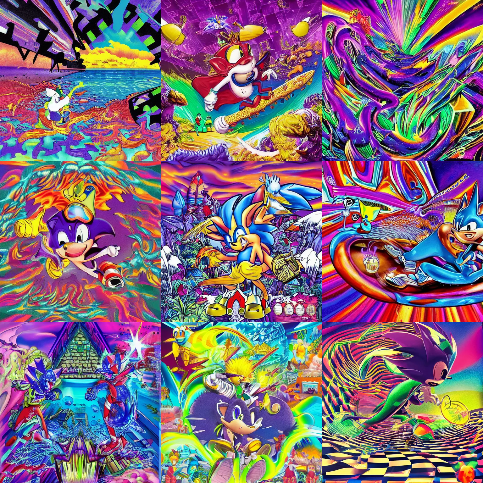 Prompt: surreal, sharp, detailed professional, high quality airbrush art MGMT album cover of a liquid dissolving LSD DMT sonic the hedgehog surfing through cyberspace, purple checkerboard background, 1990s 1992 Sega Genesis video game album cover