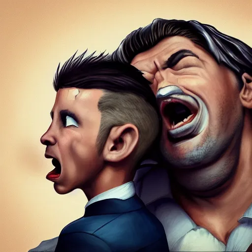 Image similar to Father yelling energetically at his sad little who keeps his head down, exaggerated trending on artstation, hyperdetailed, dramatic, perfect composition