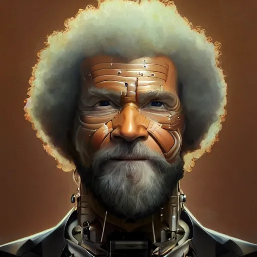 Prompt: concept portrait of cyborg bob ross intricate, elegant, highly detailed, my rendition, digital painting, artstation, concept art, smooth, sharp focus, illustration, art by greg rutkowski and alphonse mucha and uang guangjian and gil elvgren and sachin teng, symmetry!!