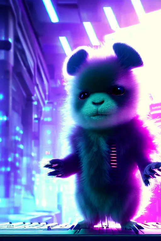 Prompt: high quality 3 d render sci - fi very cute neuromancer fluffy! mutant cow hybrid! playing keyboard, highly detailed, unreal engine cinematic smooth, in the style of blade runner & detective pikachu, hannah yata charlie immer, moody blue light, low angle, uhd 8 k, sharp focus