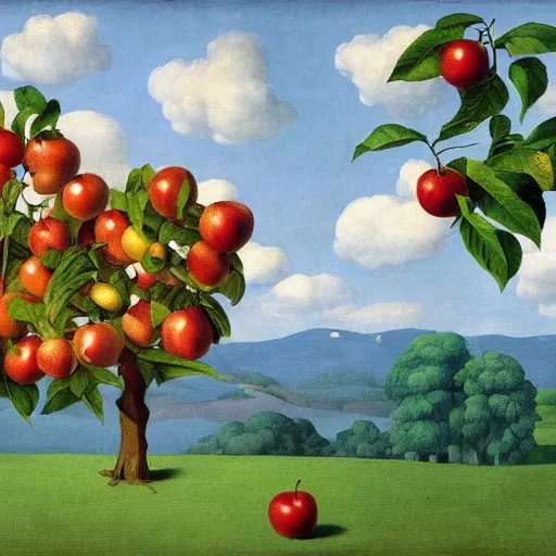 Prompt: an apple tree throwing apples at a monkey by Raphael, Hopper, and Rene Magritte. detailed, romantic, enchanting, trending on artstation.