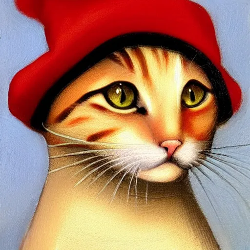 Image similar to the cat in small red hat cooks soup, drawn by Leonardo Da Vinci, oil painting, trending in Artstation, artstationHD, 4k