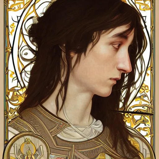 Image similar to portrait of charlotte gainsbourg as joan of arc in armor, hyperrealistic digital painting, iconography influenced by alphonse mucha and eugene delacroix, arstation and deviantart trends, high resolution 8 k