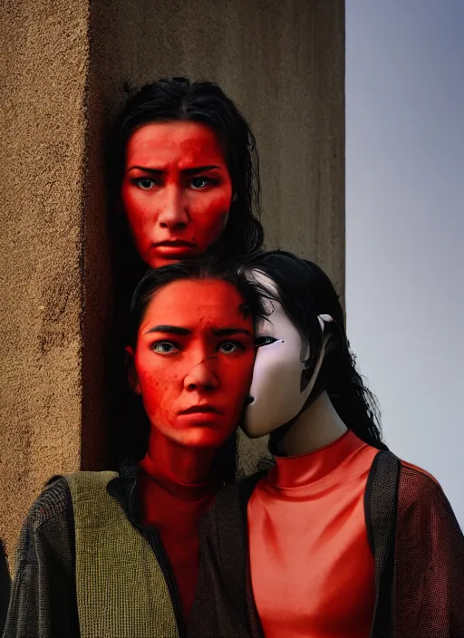 Image similar to cinestill 5 0 d photographic portrait by steve mccurry of two loving female androids wearing rugged black mesh techwear in a brutalist compound with a red sky, extreme closeup, cyberpunk style, dust storm, 8 k, hd, high resolution, 3 5 mm, f / 3 2, ultra realistic faces, ex machina