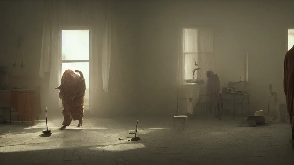 Image similar to we watch the strange creature searches for a spoon inside our kitchen, film still from the movie directed by Denis Villeneuve with art direction by Zdzisław Beksiński, wide lens, golden hour