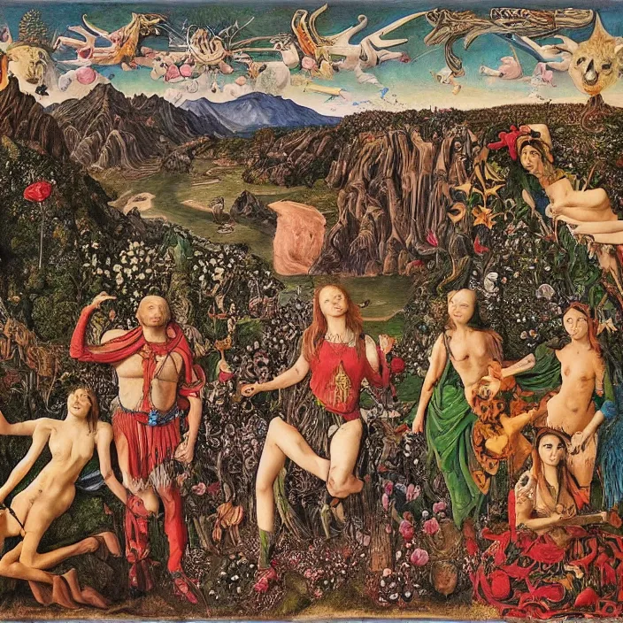 Prompt: a wide mountainous river valley with a tattood lady with animal stripes, antlers and wings transforming into a flower while the stars look like flowers by jan van eyck, ernst fuchs, nicholas kalmakoff, joep hommerson, character, full body, max ernst, hans holbein