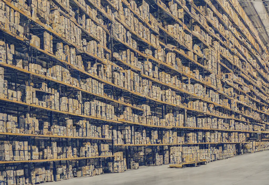 Prompt: a painting of a warehouse with huge shelves in which stacks of paper are stored, high contrast