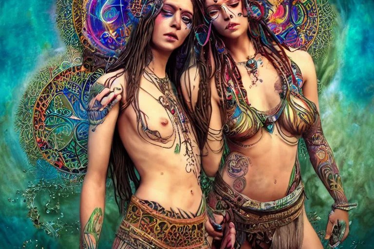 Image similar to a centered full body render of alluring festival hippies with tribal tattoos surrounded by a underwater ink pour and flowing liquid galium and sacred geometry, perfect body face and hands, powerful, cinematic, beautifully lit, by artgerm, by karol bak, by donato giancola, 3 d, trending on artstation, octane render, 8 k