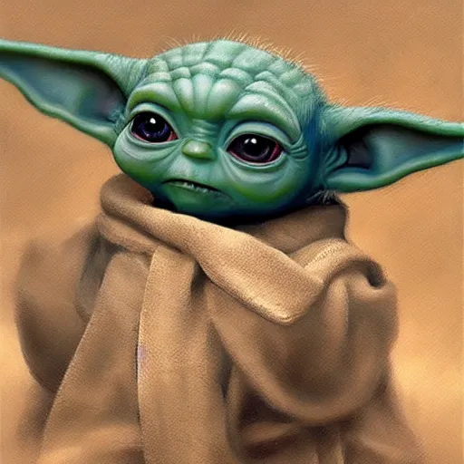 Image similar to baby yoda, portrait, concept art by doug chiang cinematic, realistic painting, high definition, concept art, portait image, path tracing, serene landscape, high quality, highly detailed, 8 k, soft colors, warm colors, turbulent sea, high coherence, anatomically correct, hyperrealistic, concept art, defined face, symmetrical 5