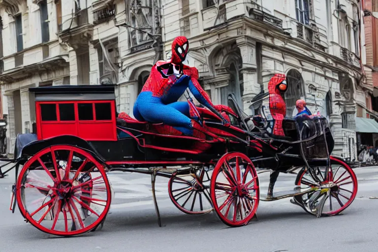 Prompt: spiderman driving a horse & carriage