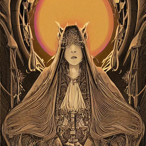 Prompt: precisely drawn illustration of anime hooded high priestess of an earth goddess, old-fashioned tarot card, victorian playing card, sepia tone, wide angle, sharp, fine details, anime, manga, cyberpunk, intense line art, 8k, precise linework, realistic, shaded lighting by katsuhiro otomo ghost-in-the-shell, magali villeneuve, artgerm, rutkowski Jeremy Lipkin and Giuseppe Dangelico Pino and Michael Garmash and Rob Rey