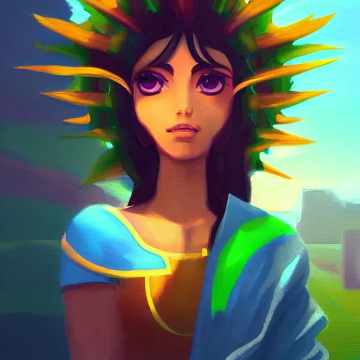 Prompt: portrait, palutena from smash, surreal photography, sunrise, blue sky, dramatic light, impressionist painting, digital painting, artstation, simon stalenhag