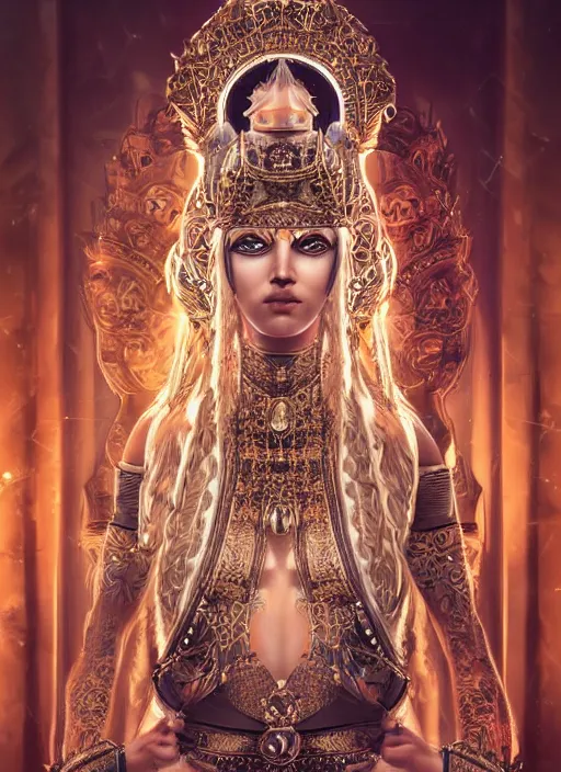 Image similar to beautiful full body concept art, photorealistic symmetrical beautiful face, symmetric eyes, female priestess with shiny hair wearing full intricate clothing, temple, godray, intricate lighting, micro detail, symmetric hands, cg society