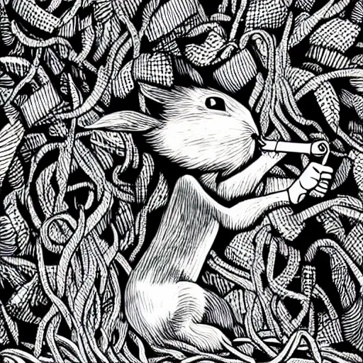 Prompt: black - and - white line art illustration of a rabbit deep in a tangled forest, smoking a cigarette, with smoke rising, whimsical masterpiece