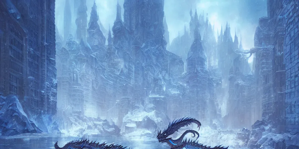 Prompt: Beautiful scaly blue dragon in a snowy city made of water and ice, blue hues, ice blue, reflections, sparkle, full of details, matte painting, a fantasy digital painting, artstation, concept art, sharp focus, illustration, art by greg rutkowski and alphonse mucha