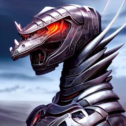 Image similar to epic beautiful bust shot, realistic detailed stunning armored anthropomorphic robot female dragon, doing an elegant pose, looking to the side, sleek streamlined armor and design, sharp claws, Slick LEDs, standing on two legs, on the beach during sunset, high quality, cinematic art, sunset lighting, artstation, deviantart, furaffinity
