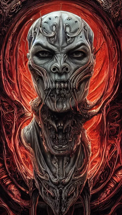 Prompt: Elden Ring and Doom themed painting of satanic demon hybrid cyborg beautiful angellic symmetrical face mask tattoo pattern concept, infinity glyph, intricate artwork by, Johnatan Wayshak, Zdizslaw Beksinski, face by Artgerm, H.R. Giger, very coherent artwork, cinematic, hyper realism, high detail, octane render, unreal engine, 8k, High contrast, golden ratio, trending on cgsociety, higly detailed black ink outline, crosshatch sketch gradient, ultra high quality model, production quality cinema model