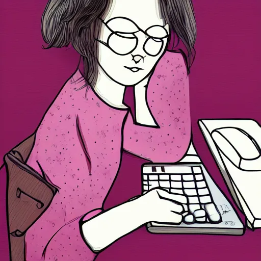 Image similar to girl in pyjamas working on computer, tired bags around eyes, digital art